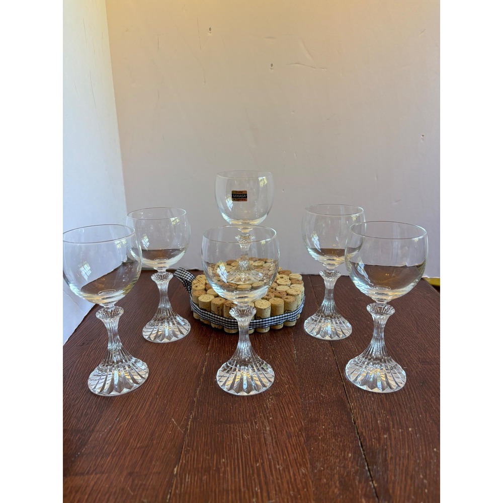 Mikasa The‎ Ritz Crystal Wine Glasses Set of 6 West Germany Ribbed Stem 6.25in